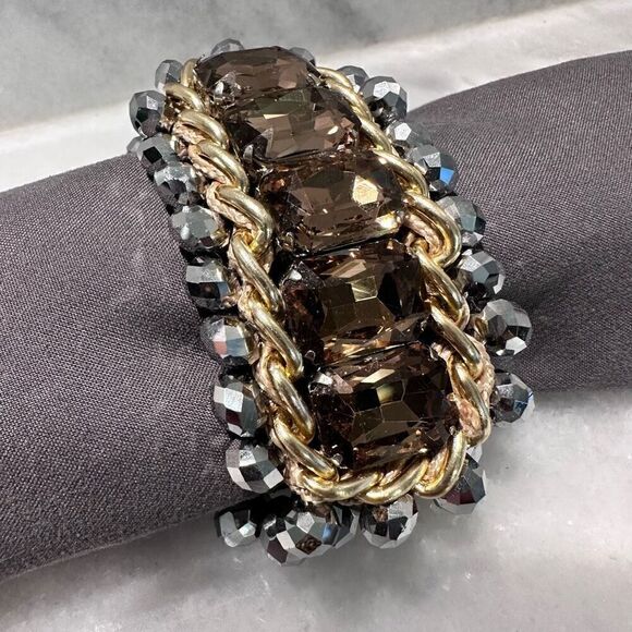 Womens Bold Crystal Rhinestones Amber Silver Elastic Cuff Bracelet - Picture 3 of 4